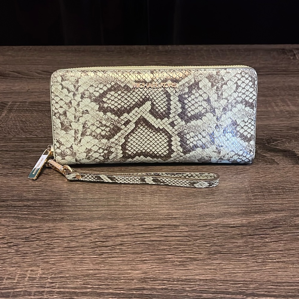 Michael Kors Mint Snake Print Zip Around Wallet with Wristlet Strap